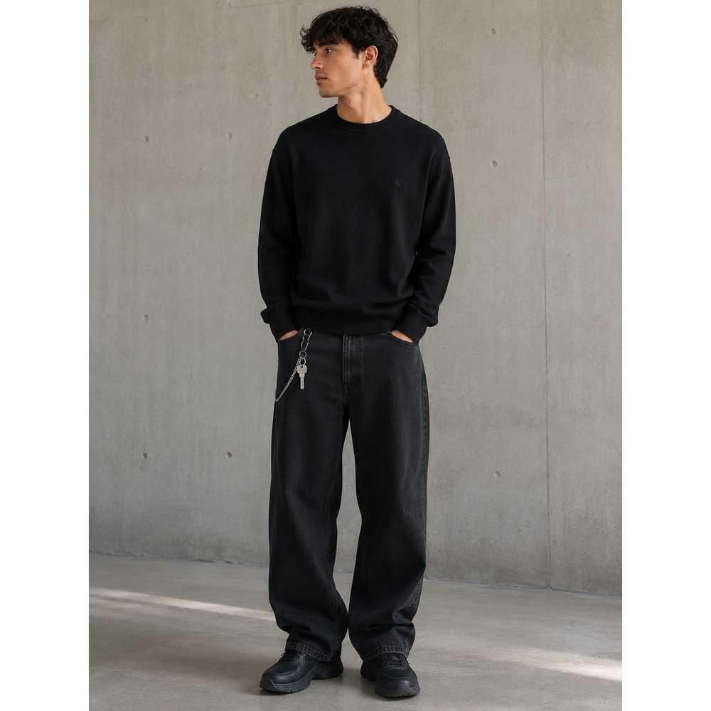 Calvin Klein Black Sweater Mens L Crewneck Cotton Wool Blend CK Logo Minimalist